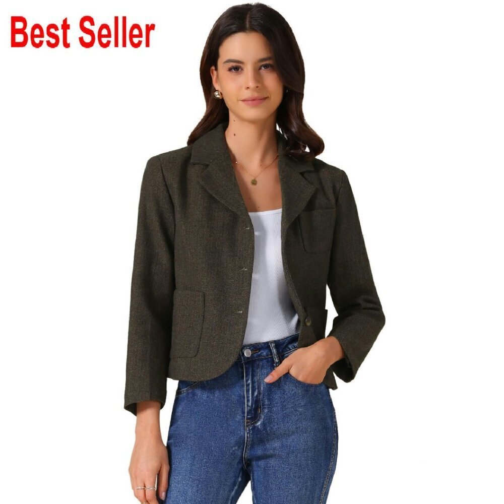 Cropped Blazer Bracelet Sleeve Notched Lapel Patch Pockets Chic Office Wear